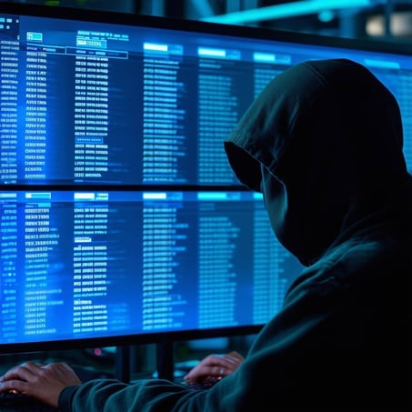 A hacker looking at a screen that shows credit card account information